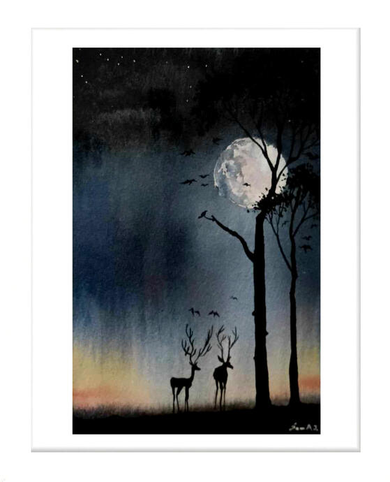 deer & moon watercolor 20x30