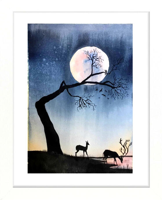 deer &amp; moon watercolor 20x30